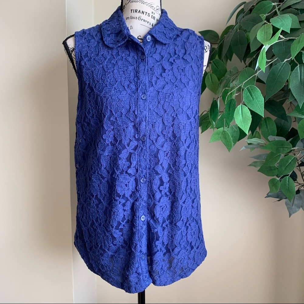 Lauren Conrad Lace Button Down Top Blue Sz M